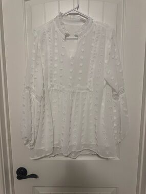 Women’s Long Sleeve White Blouse Size Large. Lined With White Fuzzy Dots